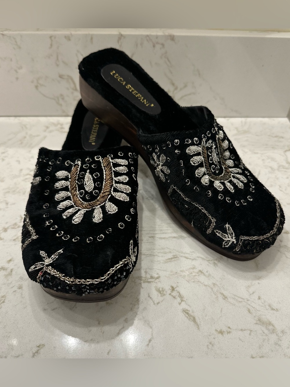 Luca Stefani Leather Black Embroidered Velvet Mules 6